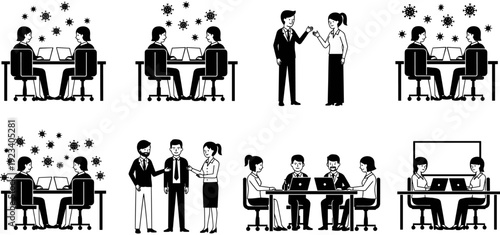 Set of business people silhouettes working in office and corporate meeting with speaker presenting on whiteboard, vector illustration for professional teamwork concepts,
