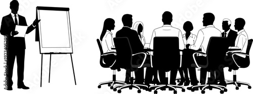Set of 20 business meeting silhouettes, corporate presentation with speakers and people sitting in conference office room, vector design elements,