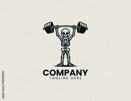 A cartoon skeleton character lifting a heavy barbell overhead is presented in a clean bold vector illustration