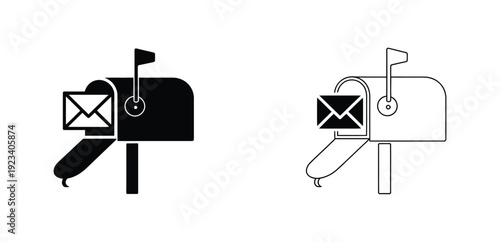 Direct Mail Icon.Retro mailbox with open door and envelope inside, flag up, isolated on white background, vector illustration. 