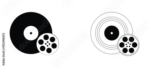Vintage vinyl records and film reels.  Vinyl icon. Entertainment icon design. Flat vector icon. Simple flat icon concept.
