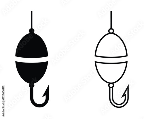 Fishing bobber float icon set. Simple black silhouette graphic of fishing tackle and equipment. Vector illustration for angling, hobby, and sport design elements. Fish hook lure