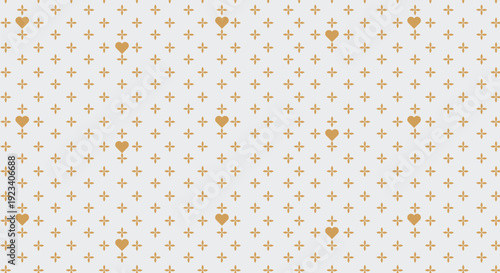 Elegant Seamless Pattern Design Showcasing Golden Hearts and Minimalist Floral Cross Symbols Repeated Systematically Over a Soft Light Grey Background Surface