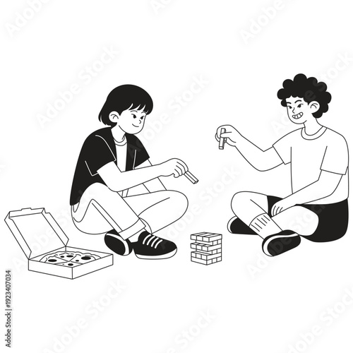Pizza Illustration. Vector illustration of Two kids sitting on the floor play a stacking game near an open pizza box during a relaxed hangout. Isolated on background