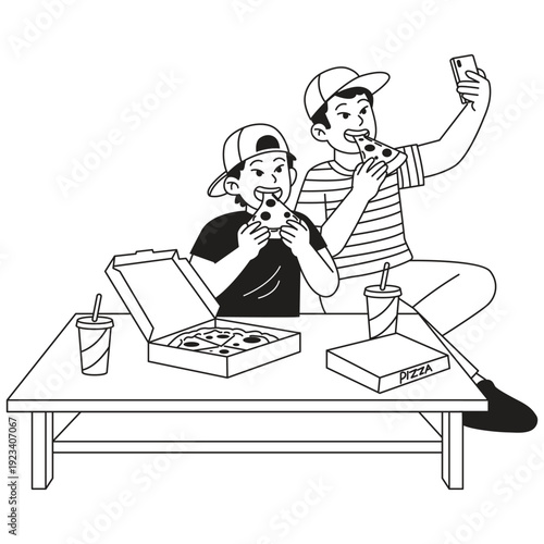 Pizza Illustration. Vector illustration of Two boys eating pizza and taking a selfie at a table with drinks, drawn in clean black and white outline style. Isolated on background