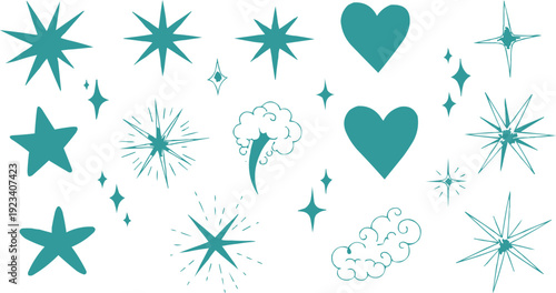 The image features a playful and whimsical collection of blue shapes. The design features a variety of star shapes, including dotted stars, starbursts, and diamond shapes, which add a sense 