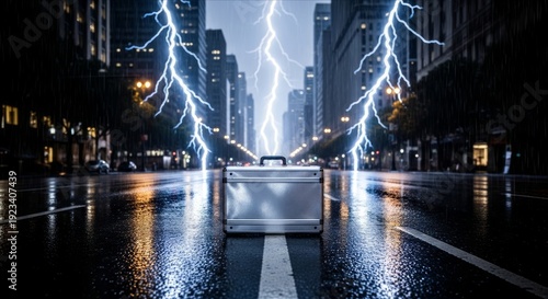 Lightning Storm Illuminates Urban Street with Metallic Briefcase Centered