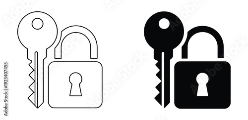An outline style of a key unlocking a padlock, a modern and clean icon for security software, VPNs, and data privacy services.