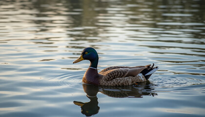 A serene duck swimming peacefully in calm water during sunset