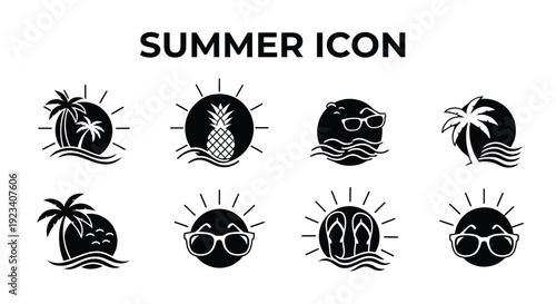 Summer Bold Icon  Sun Palm Tree and Beach Vacation Solid Vector Illustration