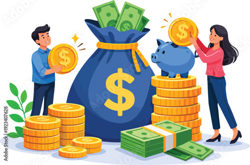 Illustration of people managing and celebrating wealth accumulation together