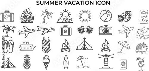 Summer Vacation Trip Icon Set  Travel, Beach Holiday, Airplane, Luggage, Palm Tree and Tourism Line Vector Collection