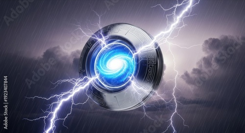 Cosmic Energy Portal Surrounded by Lightning and Stormy Sky