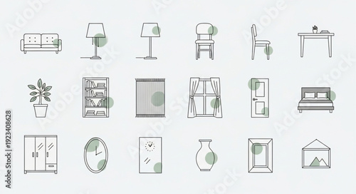 Collection of hand drawn furniture and home decor icons.