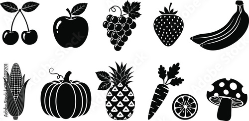 Black vector silhouette set of diverse fruits and vegetables featuring cherry apple grapes strawberry banana corn pumpkin pineapple carrot mushroom and orange slice isolated.