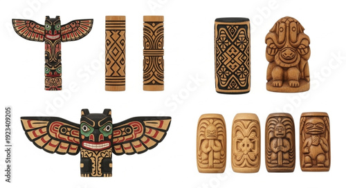 Collection of Indigenous Totem Poles and Carvings.