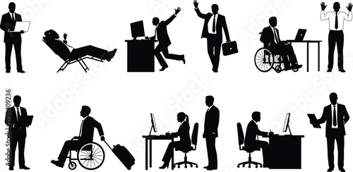 Black vector silhouette set of diverse business people working at desks using computers traveling with luggage and using wheelchairs isolated on white background.