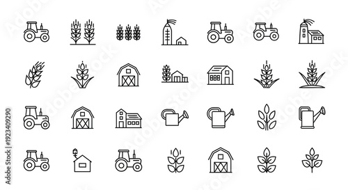 A grid of blackandwhite line icons related to farming including tractors crops and buildings