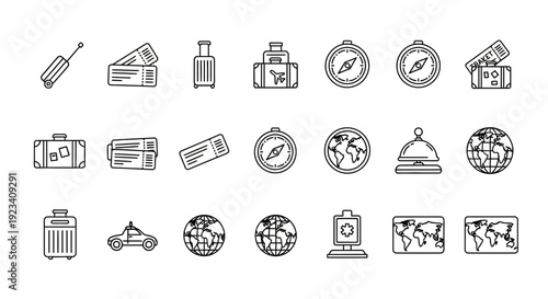 A set of black outline icons depicting various travel and navigation items