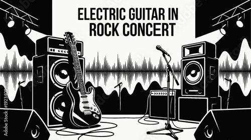 electric guitar on a rock concert stage with speakers and lighting black and white vector scene featuring representing live music energy and performance
