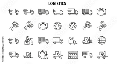 Black and white line art icons representing various logistics and shipping elements across four rows
