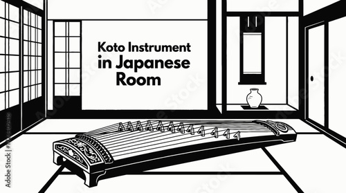 koto placed in a japanese style room representing minimal aesthetic traditional black and white vector scene featuring music and cultural harmony