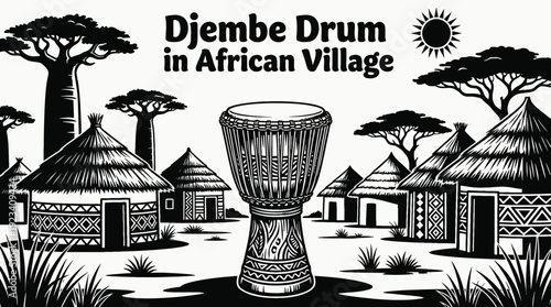 djembe drum in an african village environment black and white vector scene representing rhythm community music and cultural tradition