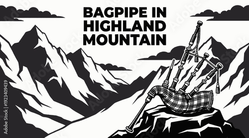 bagpipe placed in a highland mountain landscape black and white vector scene representing scottish traditional music heritage and cultural identity