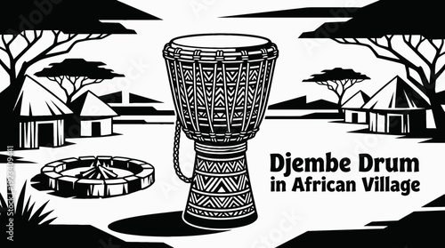 djembe drum in an african village environment black and white vector scene representing rhythm community music and cultural tradition