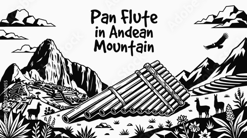 pan flute in an andean mountain setting representing south american black and white vector scene showing traditional music and natural harmony