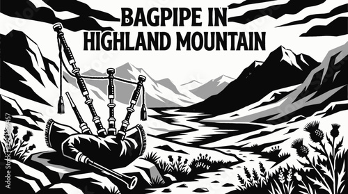 bagpipe placed in a highland mountain landscape black and white vector scene representing scottish traditional music heritage and cultural identity