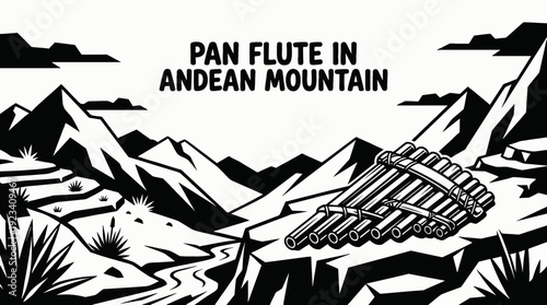 pan flute in an andean mountain setting representing south american black and white vector scene showing traditional music and natural harmony