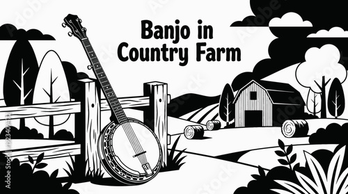 banjo placed in a country farm environment representing folk music black and white vector scene rural lifestyle and traditional american sound