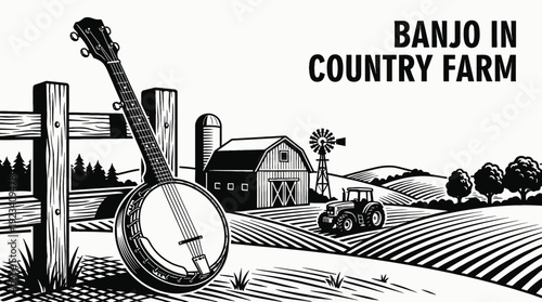 banjo placed in a country farm environment representing folk music black and white vector scene rural lifestyle and traditional american sound