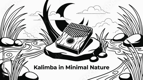 kalimba in a calm nature setting black and white vector scene representing relaxing sound meditation and modern acoustic expression