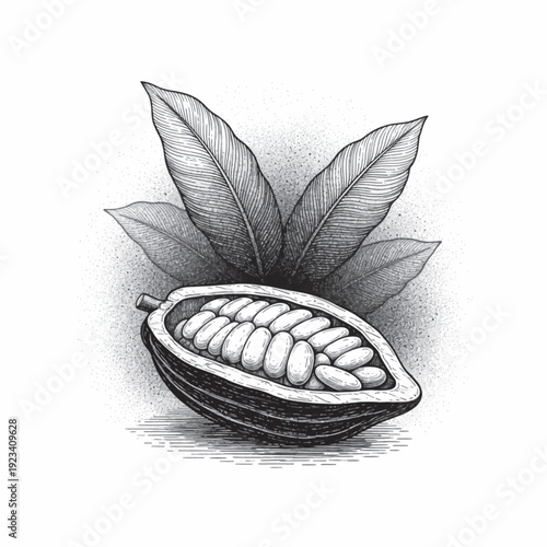 Cocoa pod and beans laser engraving design, vintage woodcut vector illustration, detailed hand drawn ink line art cacao fruit for CNC wood, metal and leather engraving and chocolate packaging