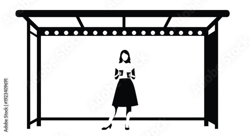 Minimalist Silhouette Of A Person Standing Under A Modern Bus Stop Shelter Holding A Cup Of Coffee During Daily Urban Commute