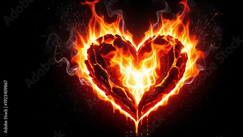 Burning heart with intense flames passionate love concept dramatic fire effect, symbol of desire and energy, fiery valentine's day background