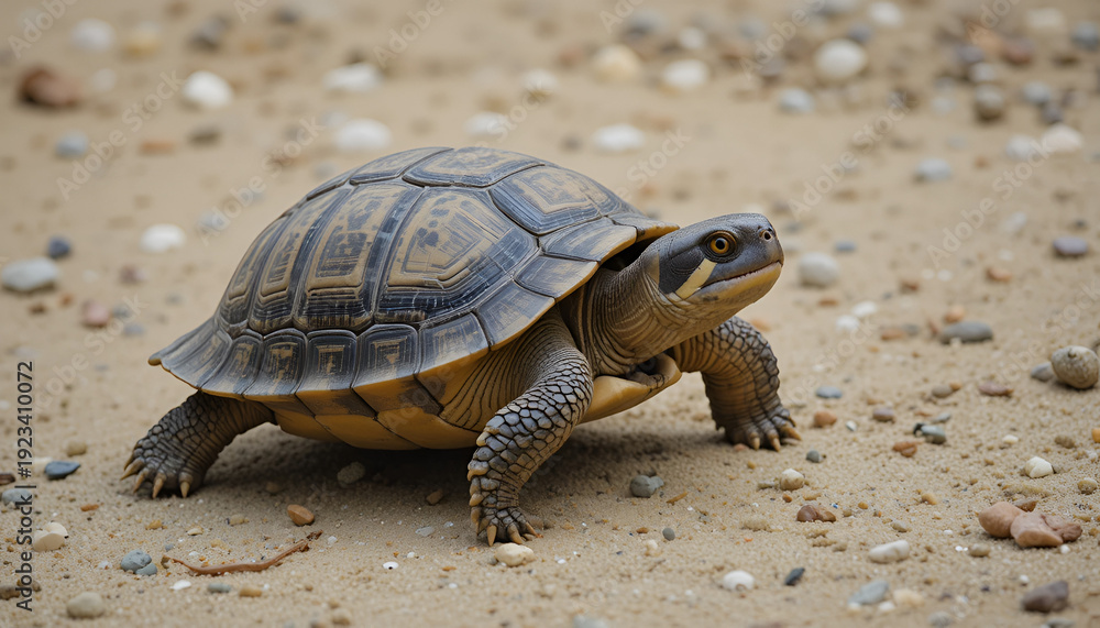 Fototapeta premium A turtle walking on sandy ground with small pebbles scattered around it