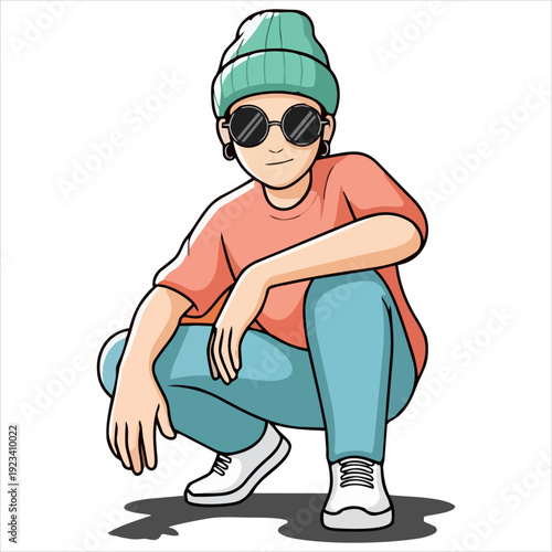 A young person crouching in casual clothing and sunglasses, illustrated in a modern style, viewed from the front
