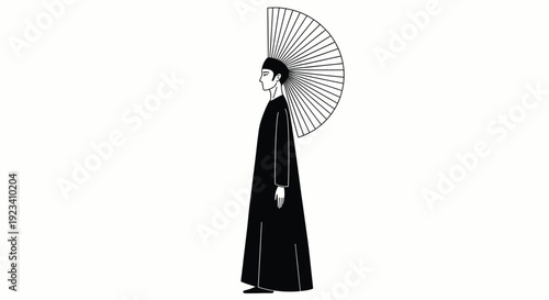 Elegant Silhouette Of A Person Wearing A Long Robe And A Large Decorative Circular Fan Headdress Representing Traditional Cultural Performance