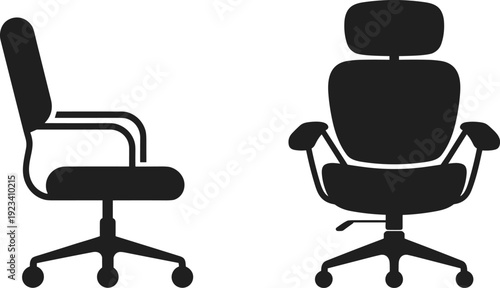 Black Silhouette Office Chairs From Side and Front Views on White Background furniture