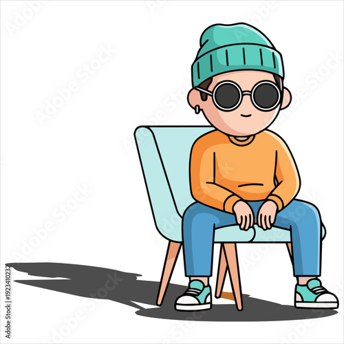 Young boy sitting on a chair, wearing casual clothing and accessories, viewed from the front in a simple setting