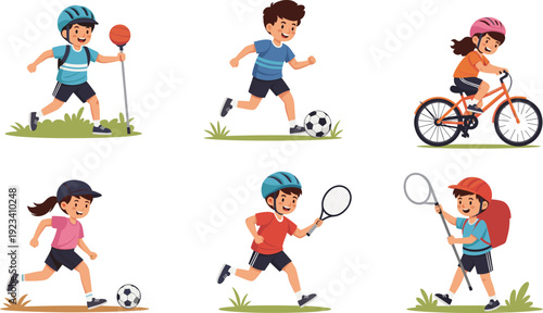 Active kids enjoying outdoor sports, soccer, cycling, running, tennis, healthy lifestyle, fitness activities, and joyful children illustration.