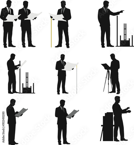 Architects and engineers in silhouette working with blueprints, surveying tools, technical drawings, construction planning, and structural design collaboration scenes