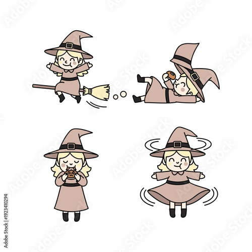 Cartoon witch flying on a broomstick with magical actions in a minimalist style