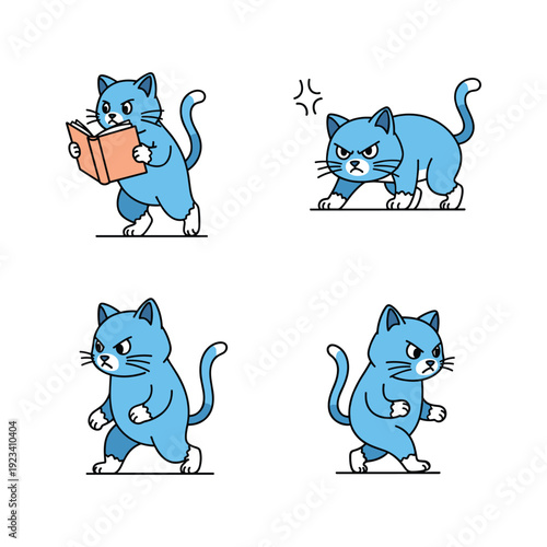 Cartoon blue cat character set with different actions and emotions on white background