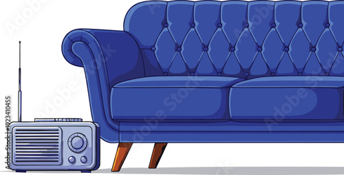 Blue Tufted Sofa with Vintage Radio Vector Illustration Featuring Mid-Century Style, Wooden Legs, and Retro Interior Decor for Home Concepts