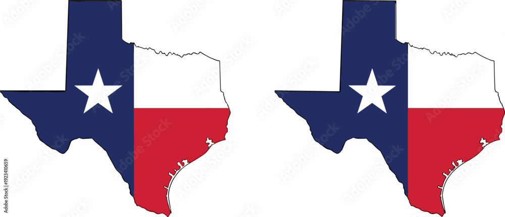 Naklejka premium Texas state map with flag colors and star symbol silhouette isolated vector illustration set