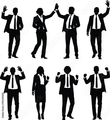 Business people silhouette set showing success gestures, teamwork celebration, professional poses, and corporate enthusiasm in black vector illustration style.
